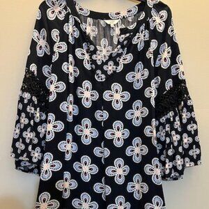 Crown and Ivy Navy Print Dress, Bell Sleeves, Mini, Size L